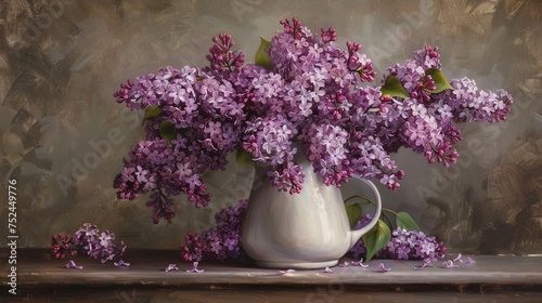 A cluster of purple lilac blooms displayed in a vintage white enamel pitcher, filling the room with their sweet and fragrant aroma.