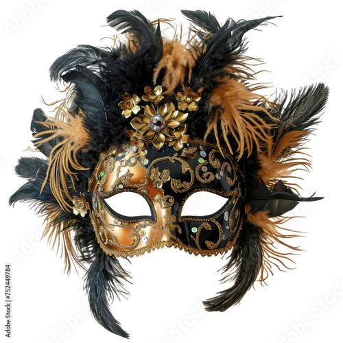 Venetian Mask with Feathers and Ornaments PNG, Transparent Image without background, Concept of carnival, masquerade, and mysterious elegance
