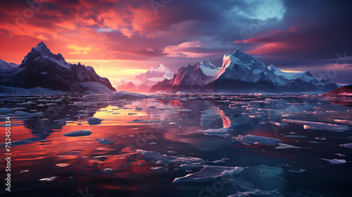 a body of water with icebergs and mountains in the background