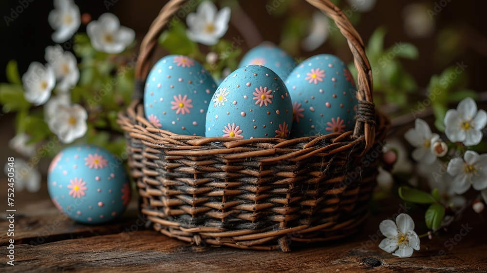 easter eggs in a wicker basket on a wooden background close up easter eggs in a wicker basket on a wooden background close up