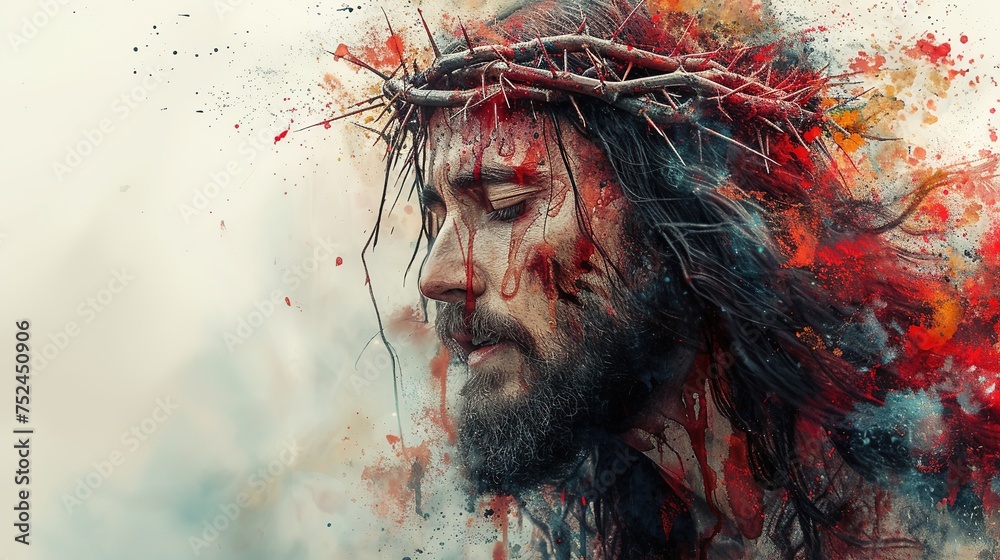 Jesus Christ with crown of thorns on his head. Close-up. Colorful oil ...