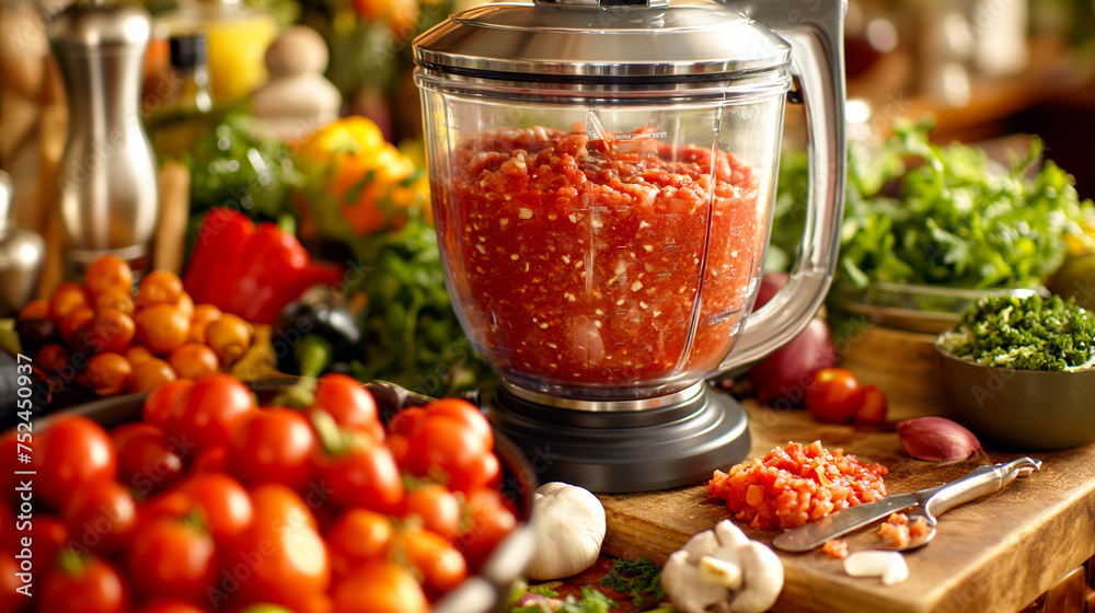 Freshly blended tomato sauce in a food processor with various vegetables and herbs around on a wooden countertop. Freshly blended tomato sauce in a food processor with various vegetables and herbs around on a wooden countertop.