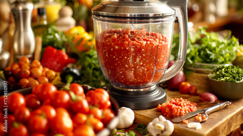 Freshly blended tomato sauce in a food processor with various vegetables and herbs around on a wooden countertop.