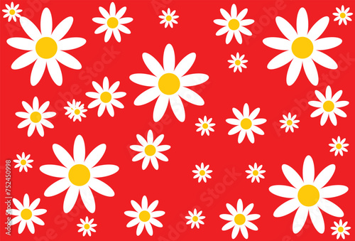 White daisies on red background. Floral seamless pattern. Vector illustration of wildflowers in cartoon flat style. floral blossom daisy. Spring white flower design. Vector illustration. Eps file 121.
