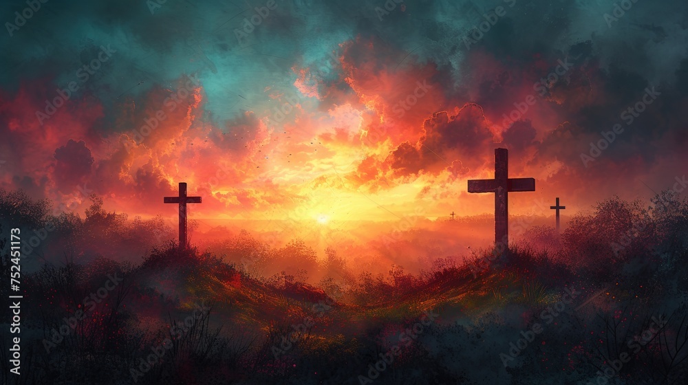 Crosses in the field at sunse. Digital watercolor painting illustration Crosses in the field at sunse. Digital watercolor painting illustration