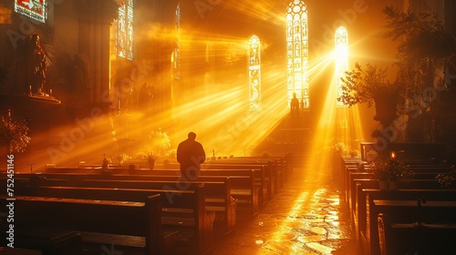 A man prays in the church in the rays of light