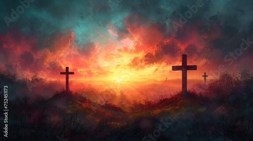 Crosses in the field at sunse. Digital watercolor painting illustration 