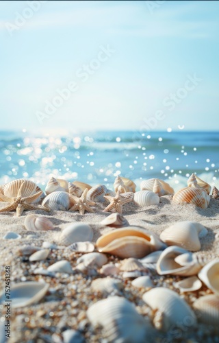 A collection of seashells and starfish on a sunny beach © StasySin