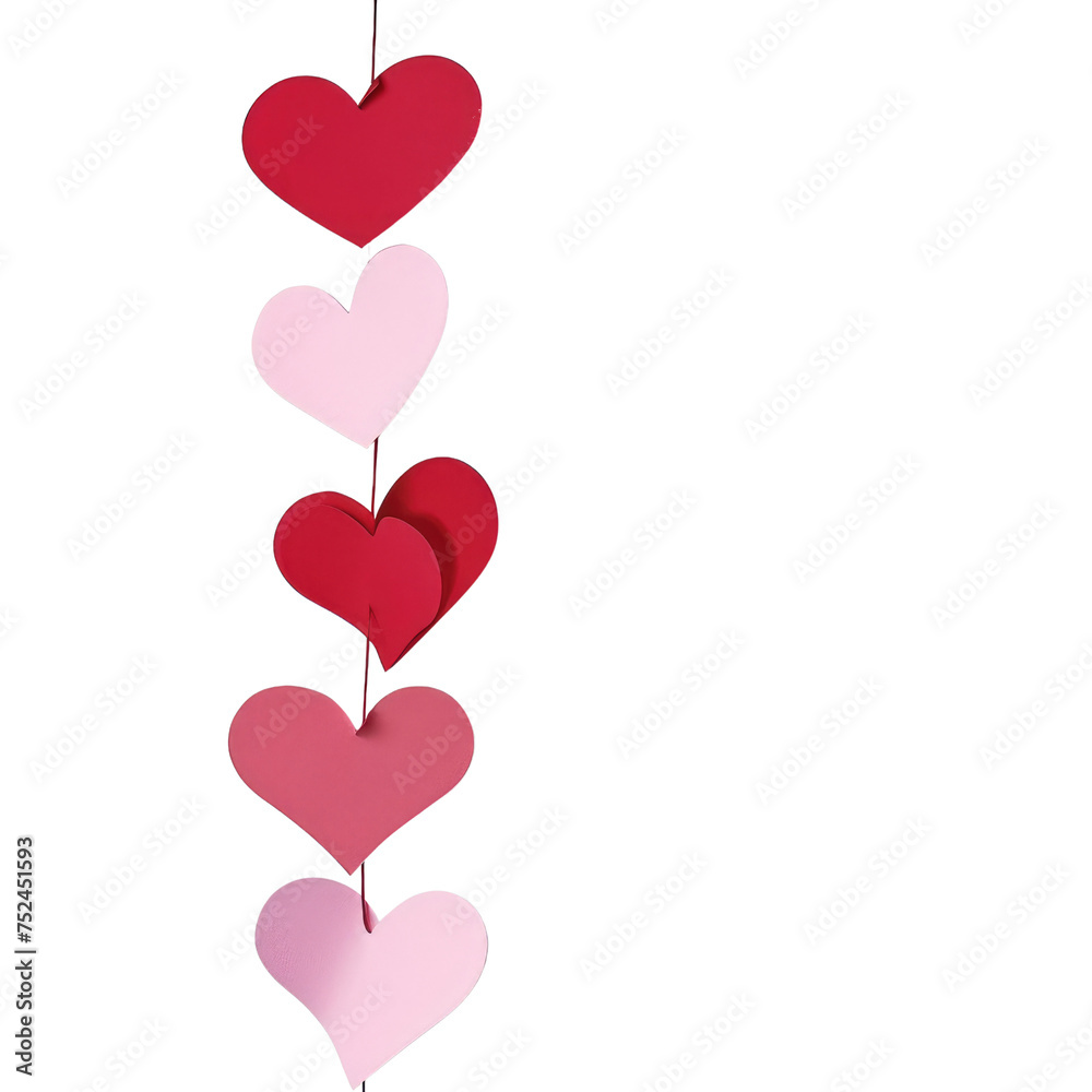 Vertical Hanging Paper Hearts in Red and Pink on Transparent Background, PNG, Concept of Romantic Decor, Love Celebration, and Valentine's Day