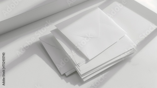A stack of crisp white envelopes arranged on a clean white desk, awaiting correspondence and messages.