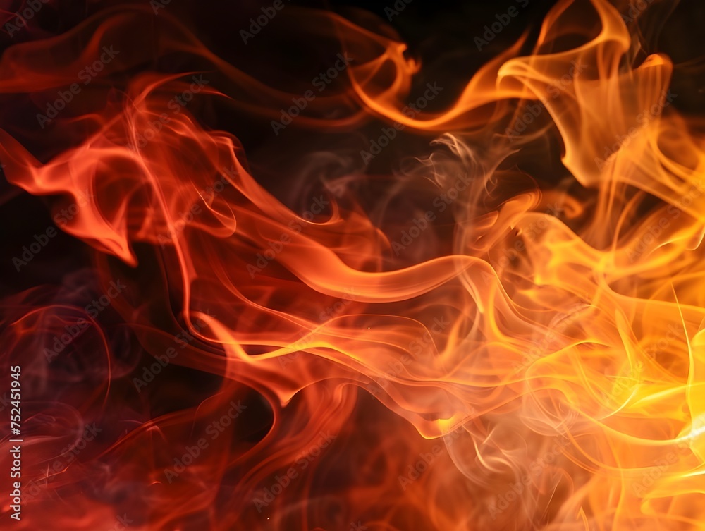 Abstract flames of fire with burning smoke float up on black background for display products