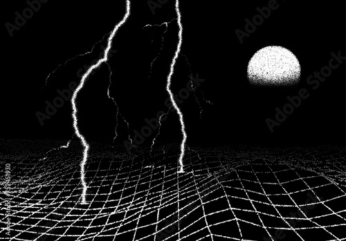 Space landscape with lightning strike in retro book style. Dotwork scene with grid terrain, and thunderbolt