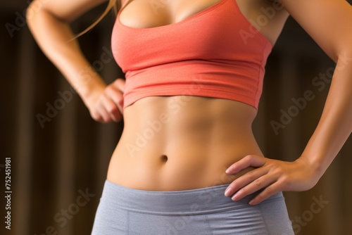 Young athletic woman in sportswear displaying perfect abs, fitness and wellness concept