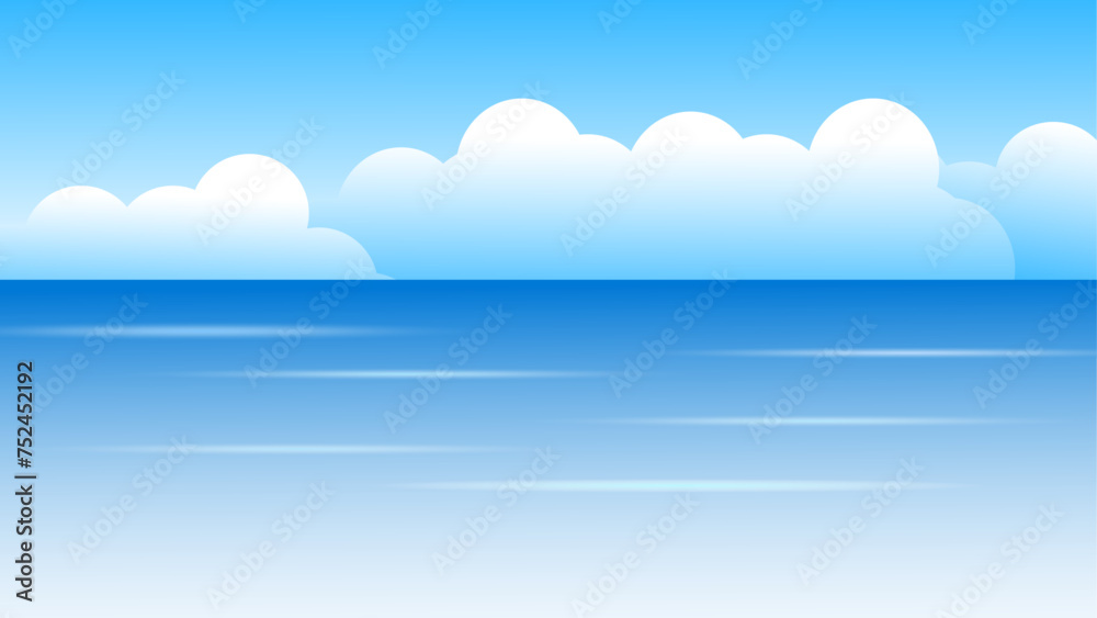 Blue sea wave with white clouds cartoon, sky background landscape vector design Blue sea wave with white clouds cartoon, sky background landscape vector design