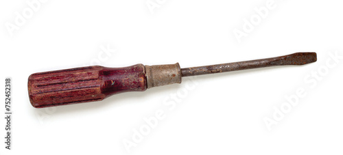 Old Rusty Screwdriver with Red Wooden Handle Isolated on White