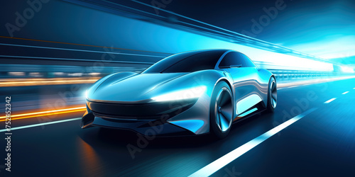 Futuristic car is driving fast along road. Sports automobile moves at highway. Electric car drives through city at night with speed effect