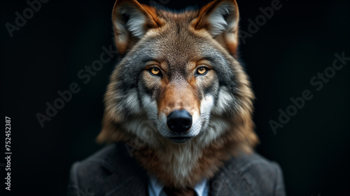 A powerful wolf in formal attire stands out against darkness  symbolizing strength and elegance