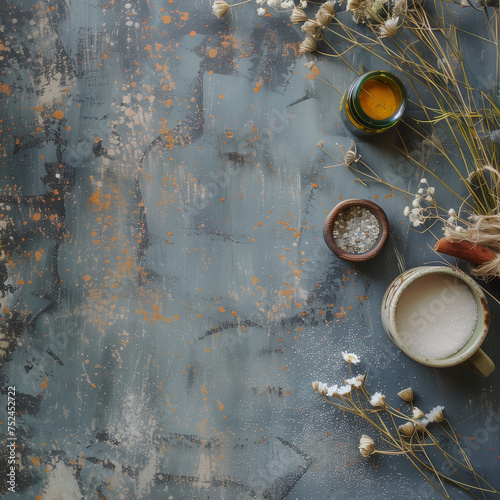 gray backgrround with dry flowers and containers