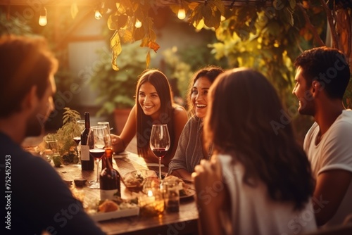 Group of friends gathering for wine tasting in countryside vineyard in summer harvesting season cheering and toasting with friendship comeliness