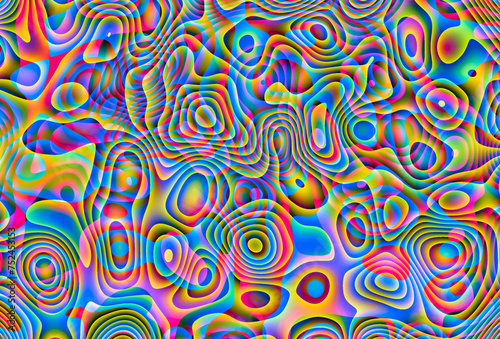 Abstrakcyjne wielokolorowe tło graficzne. Różnorodne przeźroczyste owalne kształty, okręgi, faliste linie  © ellaa44