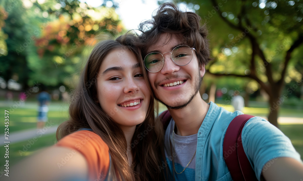 Carefree Students Capturing Joyful Selfie Moment in Lush Park