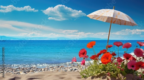 Flowers and umbrella on the beach with blue sky and sea background