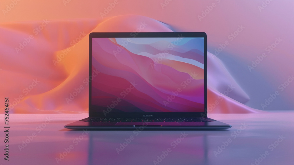 A modern 3D mockup of a laptop on a minimalist workspace background, featuring an empty space on the screen for displaying customizable interface or branding. A modern 3D mockup of a laptop on a minimalist workspace background, featuring an empty space on the screen for displaying customizable interface or branding.