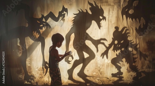 In a striking play of shadows, a child interacts with large, frightening monster shapes projected on a textured wall.  © komgritch