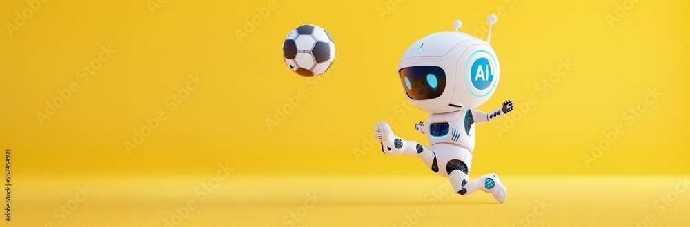 A fun banner illustrating an AI robot kicking a football on a yellow background with copy space for text. Tech of the future, Artificial intelligence, technology, A fun banner illustrating an AI robot kicking a football on a yellow background with copy space for text. Tech of the future, Artificial intelligence, technology,