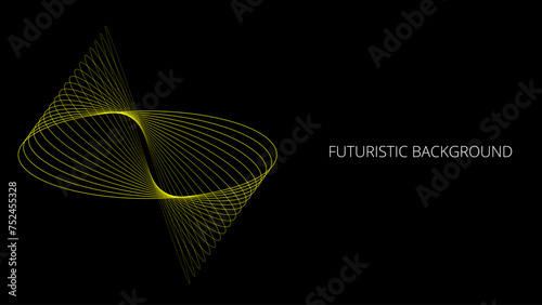 Black abstract background with yellow outline swirl, modern geometric pattern, blended lines, space orbit, gravity lines	