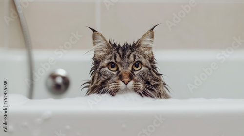 In a surprising and rare occurrence, a cat takes a bath, displaying a mixture of curiosity, uncertainty, and perhaps even resistance to the unfamiliar experience.