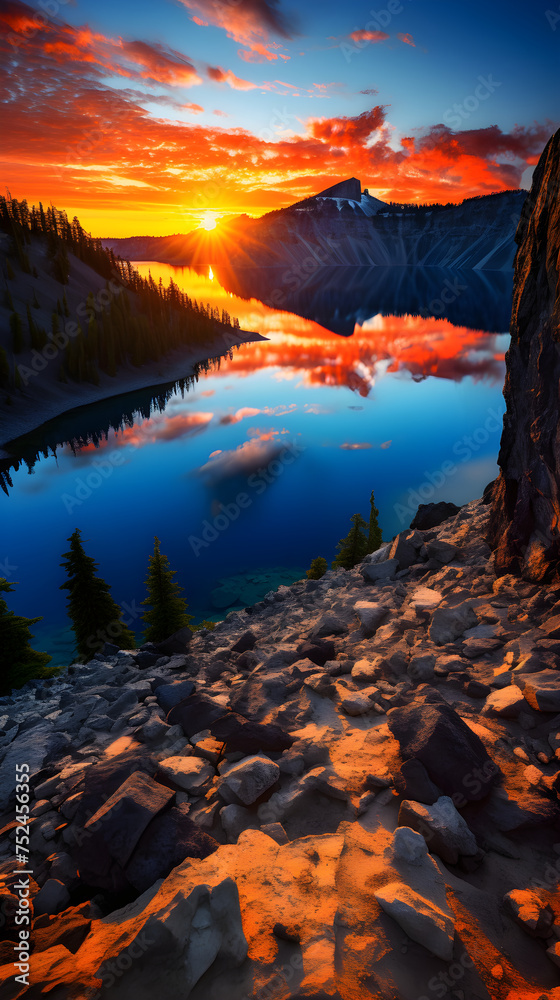 The Awe-Inspiring Beauty of a Crater Lake at Sunset Surrounded by Majestic Peaks and Forest