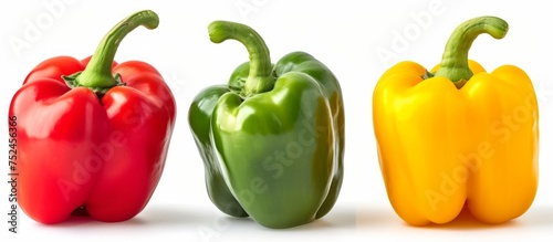 Vibrant three peppers and one bell pepper arrangement on white background