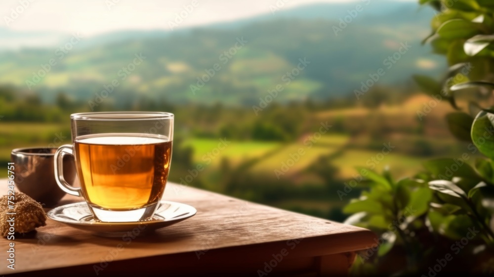 A glass of tea on the wooden table and the tea plantation background. Generative AI