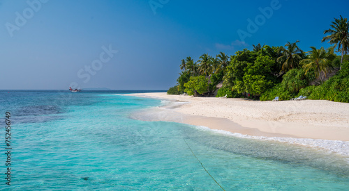 Beautiful sandy beach with a dense green forest. Seaplane floats on the sea.