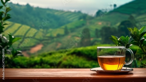 A glass of tea on the wooden table and the tea plantation background. Generative AI