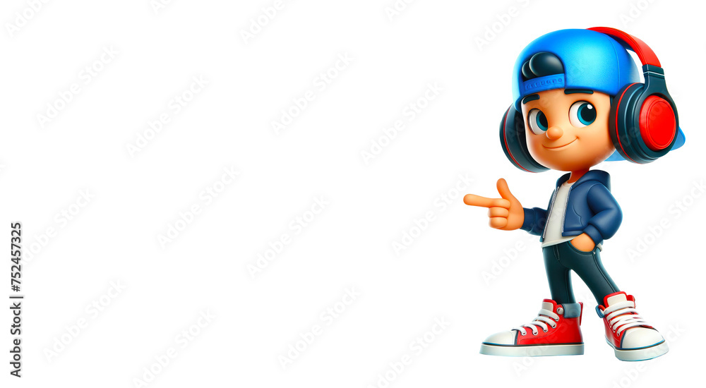 Animated character, a boy in modern, youthful clothes in bright colors on a white background, located on the right side of the image on a white background, space for text, AI, Generation