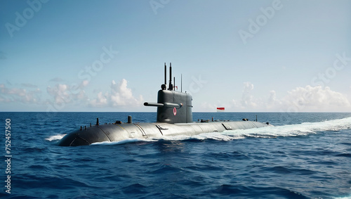 Generic military nuclear submarine floating in the middle of the ocean while shooting an undersea torpedo missile, wide banner. © Alexandr