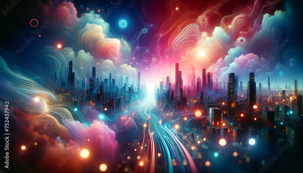 A swirling, vibrant cityscape with dynamic cloud formations and colorful lighting effects, AI generated.