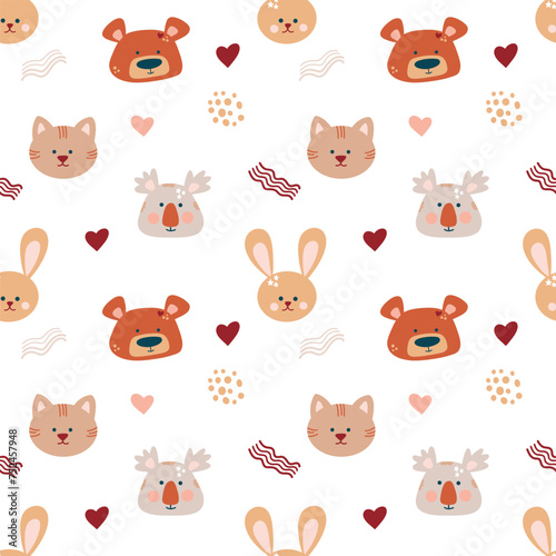 Cute bohemian baby seamless pattern with cute animals, koala, cat, rabbit, bear in boho style in warm pastel colors