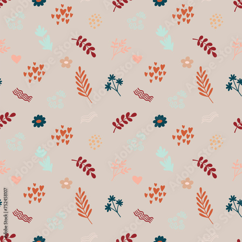 Cute bohemian baby seamless pattern with twigs, leaves, herbs, plants in boho style