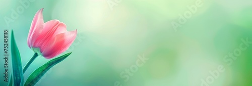 pink tulip  isolated on blurred  background, horizontal banner, copy space for text, spring, flowers nature wedding or mother´s day  card
