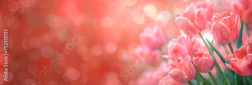 pink tulips  isolated on blurred  background, horizontal banner, copy space for text, spring, flowers nature wedding or mother´s day  card