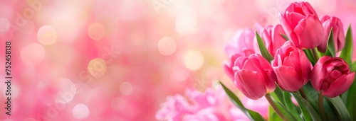 pink tulips  isolated on blurred  background, horizontal banner, copy space for text, spring, flowers nature wedding or mother´s day  card