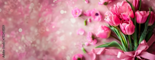 pink tulips  isolated on blurred  background, horizontal banner, copy space for text, spring, flowers nature wedding or mother´s day  card
