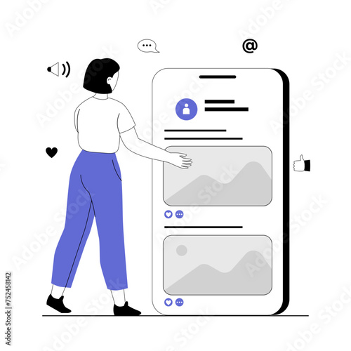 Social media. Woman communication in messengers, post interesting content in social networks. Reactions and comments. Vector illustration with line people for web design.