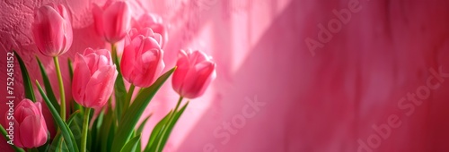 pink tulips  isolated on blurred  background, horizontal banner, copy space for text, spring, flowers nature wedding or mother´s day  card