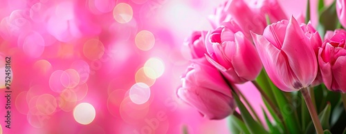 pink tulips  isolated on blurred  background, horizontal banner, copy space for text, spring, flowers nature wedding or mother´s day  card