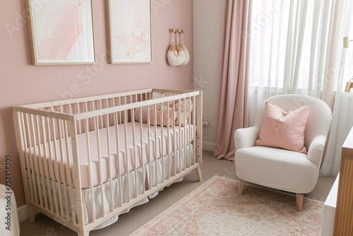 A warm and minimalist welcoming pink nursery designed for baby, newborn bedroom © Sunday Cat Studio