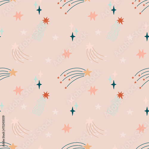 Cute bohemian baby seamless pattern with clouds, stars, sun. Vector pattern in boho style